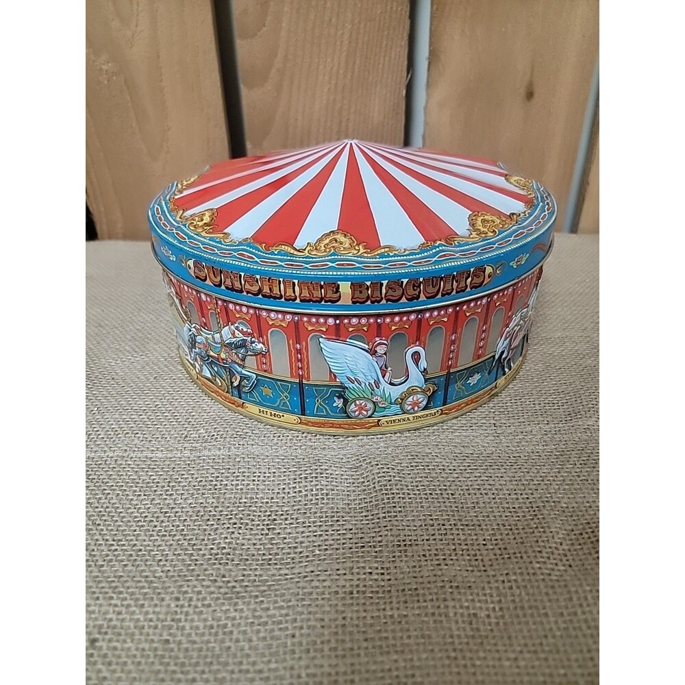 VINTAGE CAROUSEL GIFT TIN HOLIDAY COOKIE SUNSHINE BISCUITS Made In England EUC